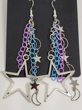 Handmade Blue Purple Silver Galaxy Metal Chain Star Earrings